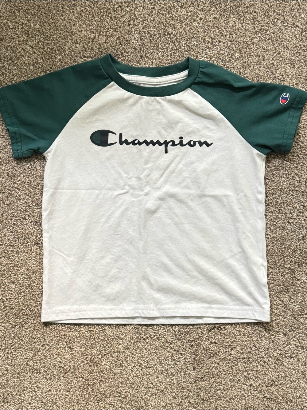 Champion Kids Raglan Tee in Dark Green and White